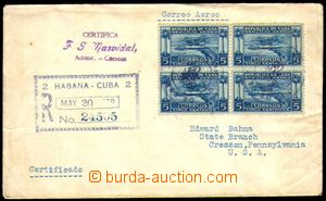 86553 - 1929 Reg and airmail letter to USA, franked with. block of f