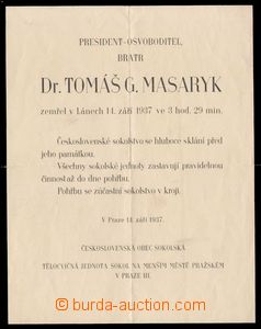 87122 - 1937 OBITUARY  T. G. Masaryk, issued Sokol Prague, significa