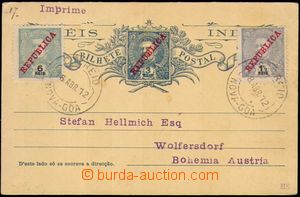 87412 - 1912 PORTUGUESE INDIA  PC with printed stamp. 3Rs, uprated w