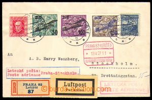 87765 - 1927 issue II, Reg and airmail letter to Sweden, with Pof.L4