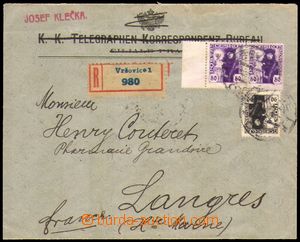 88025 - 1920 Reg letter to France franked with. pair Pof.192 + Pof.1