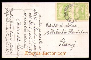 94354 - 1918 postcard franked with. vertical pair stamps Hradčany 5
