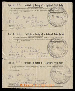 95055 - 1943 3x podací lístek na zapsanou zásilku do Antigui, USA