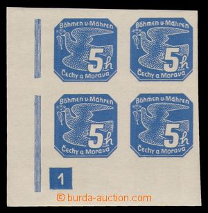 95537 - 1939 Pof.NV2, 5h blue, LL corner blk-of-4 with plate number 