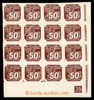 96419 - 1939 Pof.NV8, 50h brown, corner blk-of-16 with plate number 