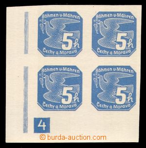97974 - 1939 Pof.NV2, Holubice 5h modrá, levý dolní rohový 4-blo